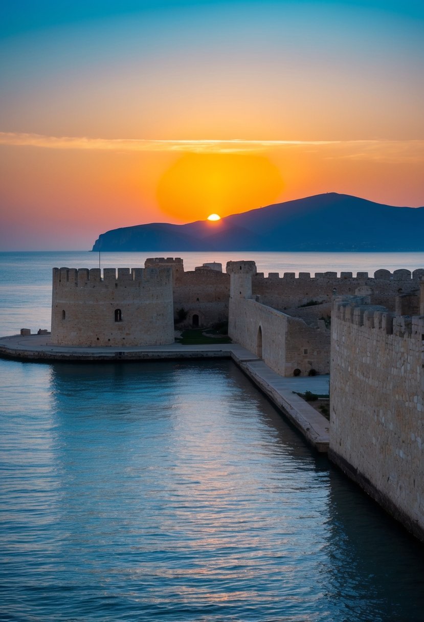 The sun sets behind Corfu's Old Fortress, casting a warm glow over the ancient stone walls and the tranquil waters of the Ionian Sea