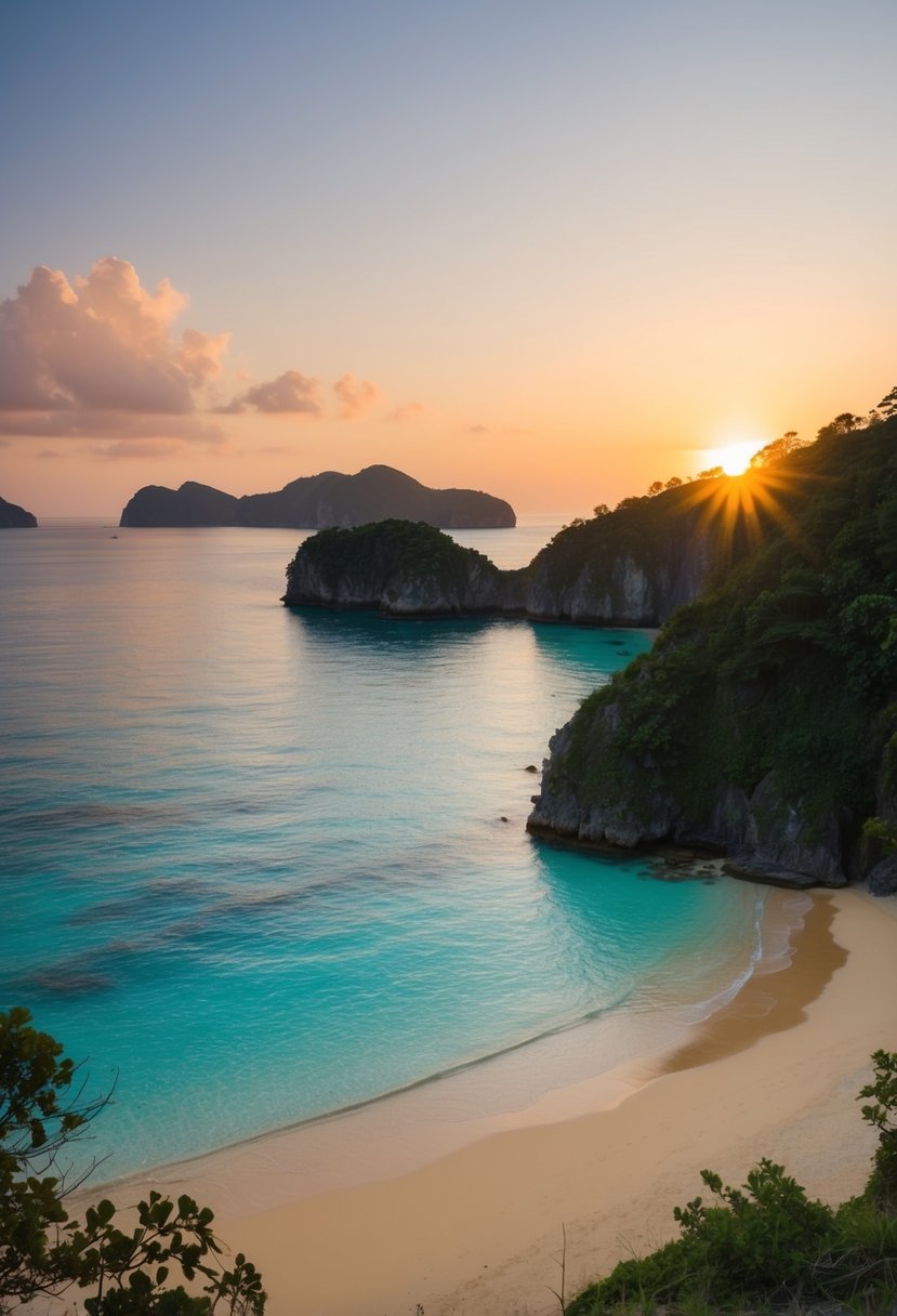 A secluded beach with crystal clear waters and golden sand, surrounded by rugged cliffs and lush greenery. The sun sets behind the distant islands, casting a warm glow over the tranquil scene
