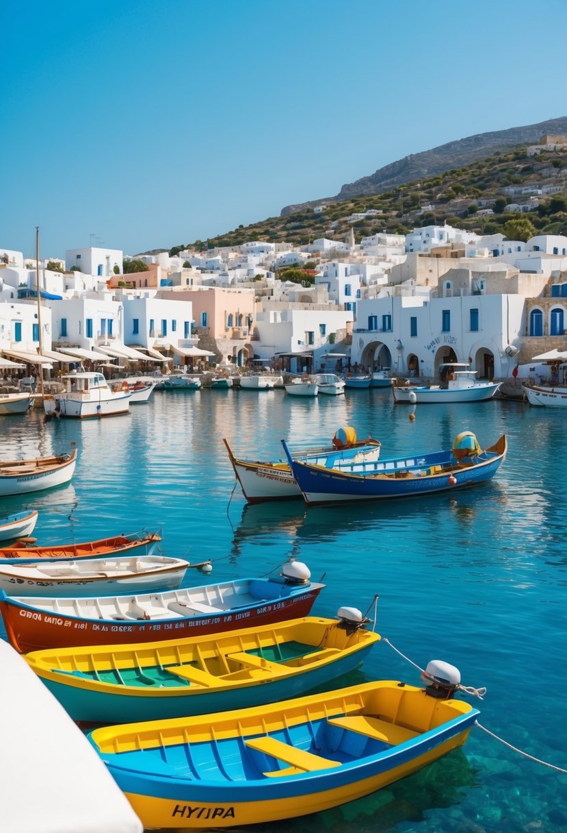 A picturesque harbor with colorful boats, white-washed buildings, and a clear blue sky, nestled in the scenic coastal town of Hydra, Greece