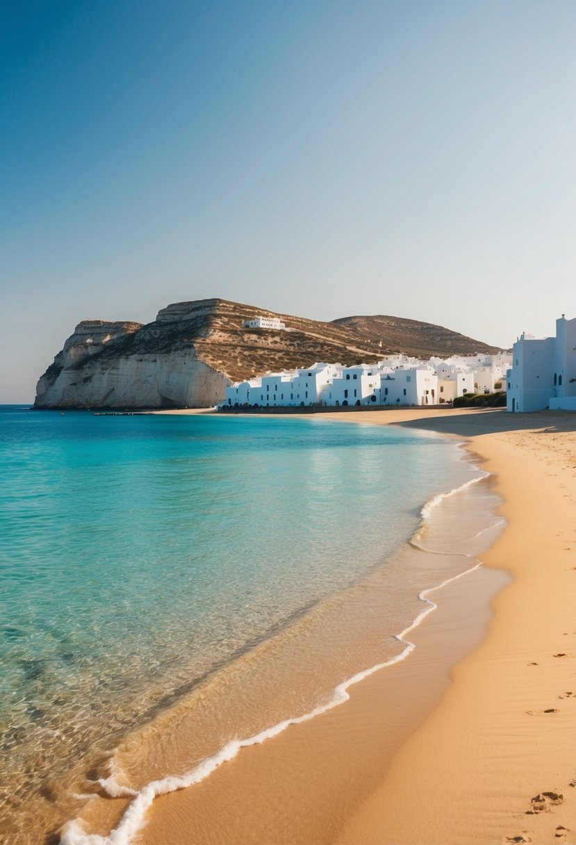 A serene beach with crystal-clear waters, soft golden sand, and a backdrop of picturesque cliffs and traditional white-washed buildings