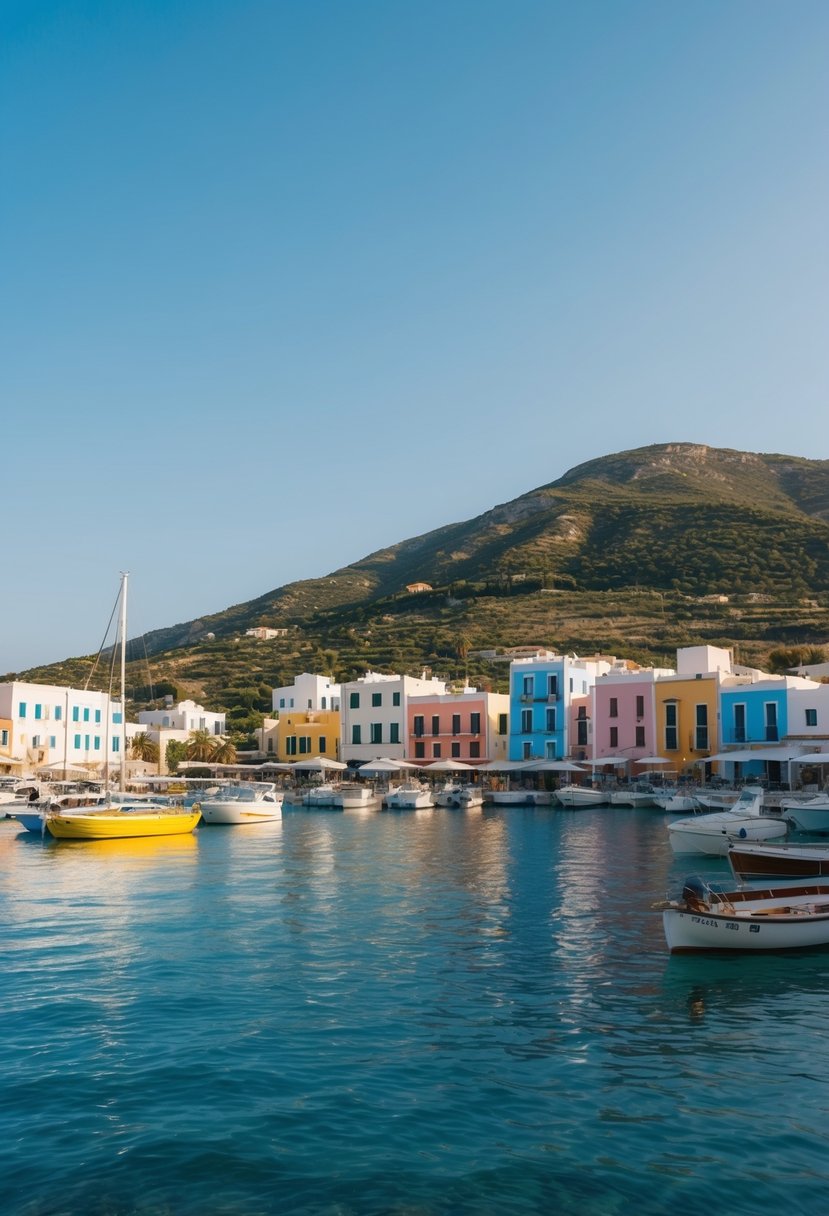 A serene harbor in Fiscardo, Kefalonia, Greece, with colorful buildings and boats, surrounded by lush green hills and a clear blue sky