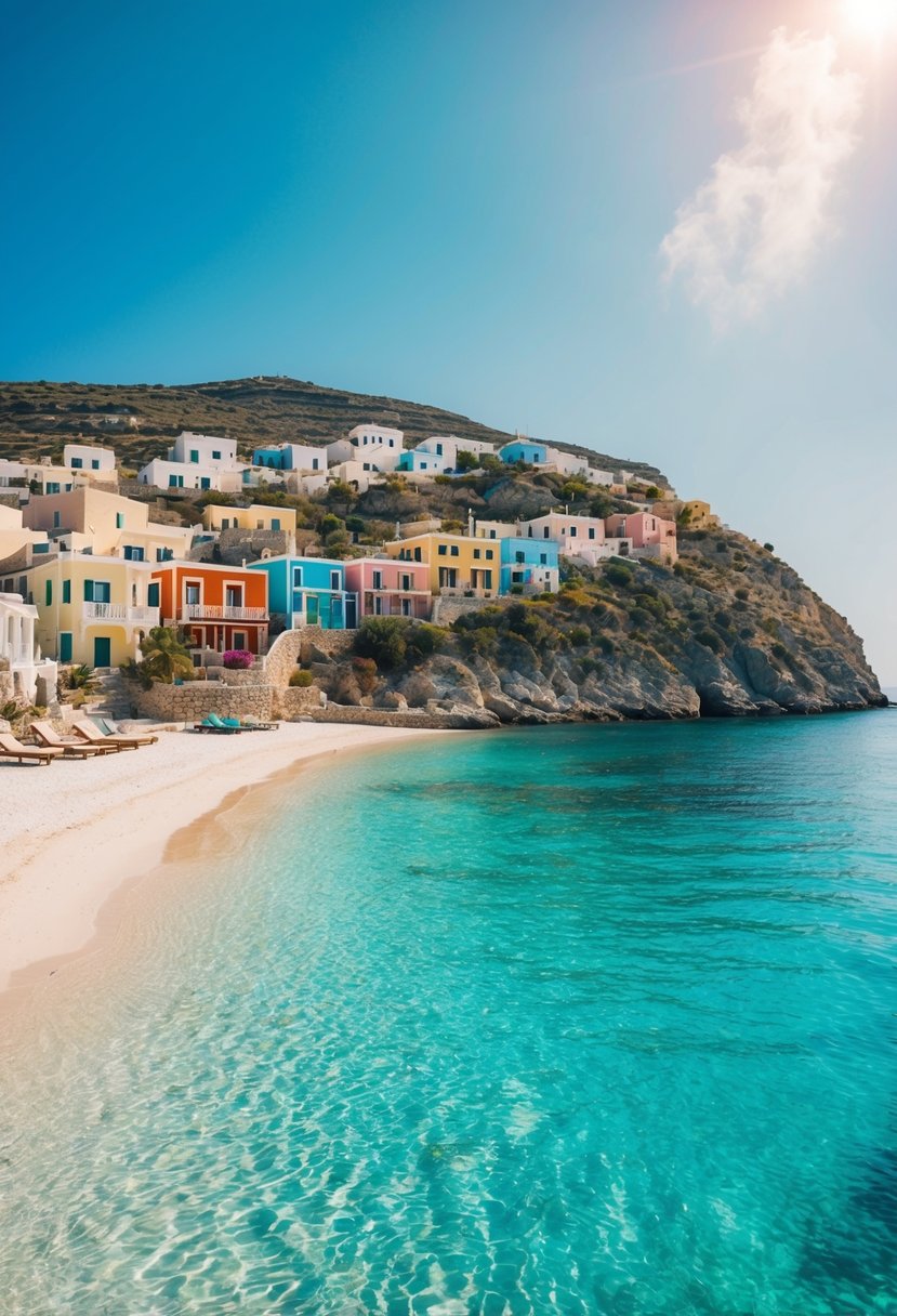 A tranquil beach on Symi Island, Greece, with crystal-clear turquoise waters, colorful houses cascading down the hillside, and a warm, sunny sky overhead