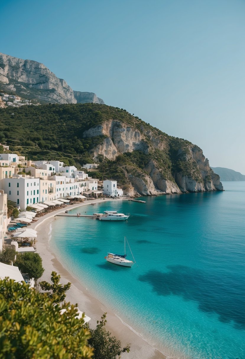 A picturesque seaside town with crystal-clear turquoise waters, lush green cliffs, and charming white-washed buildings nestled along the coastline of Corfu