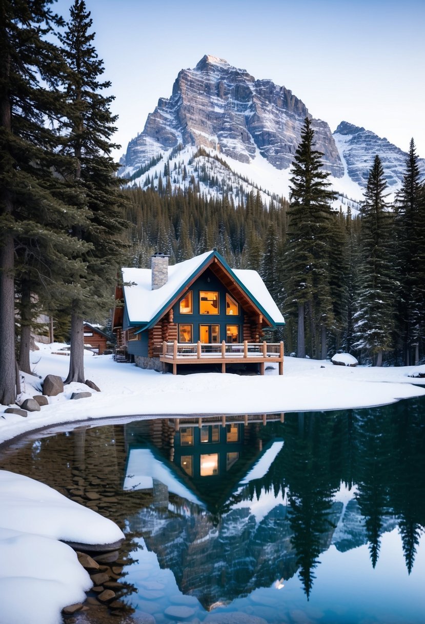 A cozy cabin nestled in the snow-covered mountains of Banff, Canada, surrounded by towering pine trees and a glistening lake