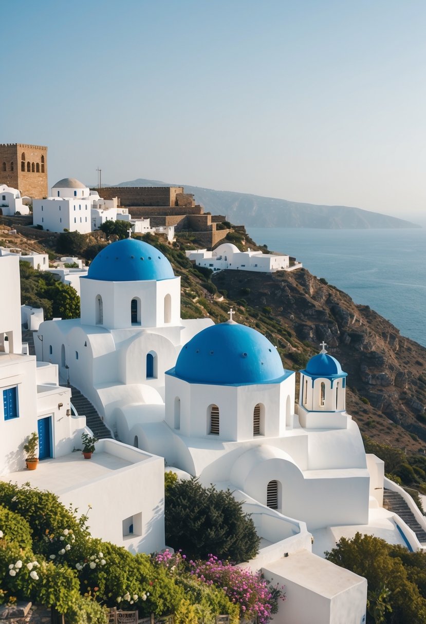 The Patmos Monastery perched on a hill, overlooking the Aegean Sea. White buildings with blue domes, surrounded by lush greenery and blooming flowers