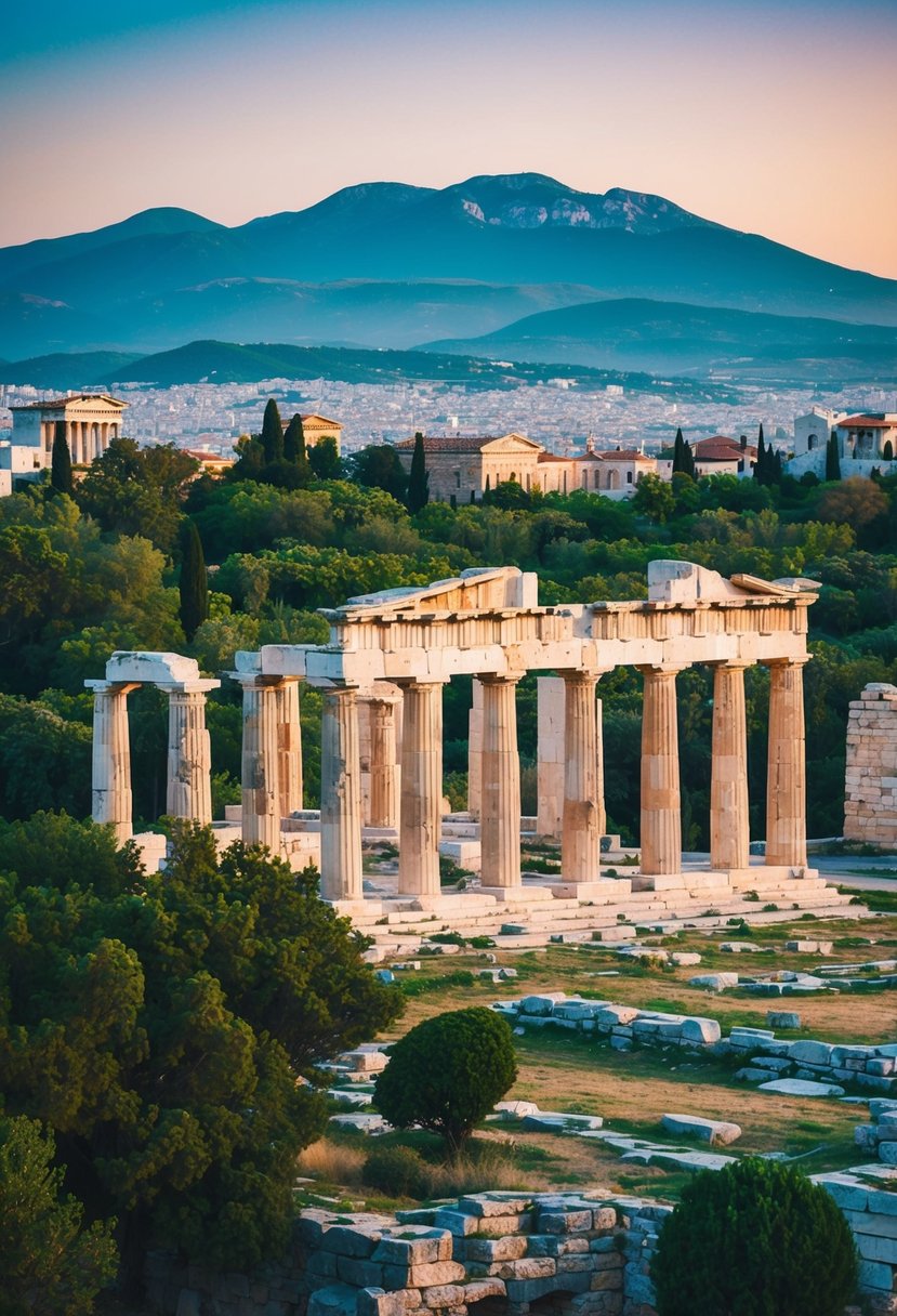 Ancient ruins of Delphi against a backdrop of lush greenery and mountains in Greece
