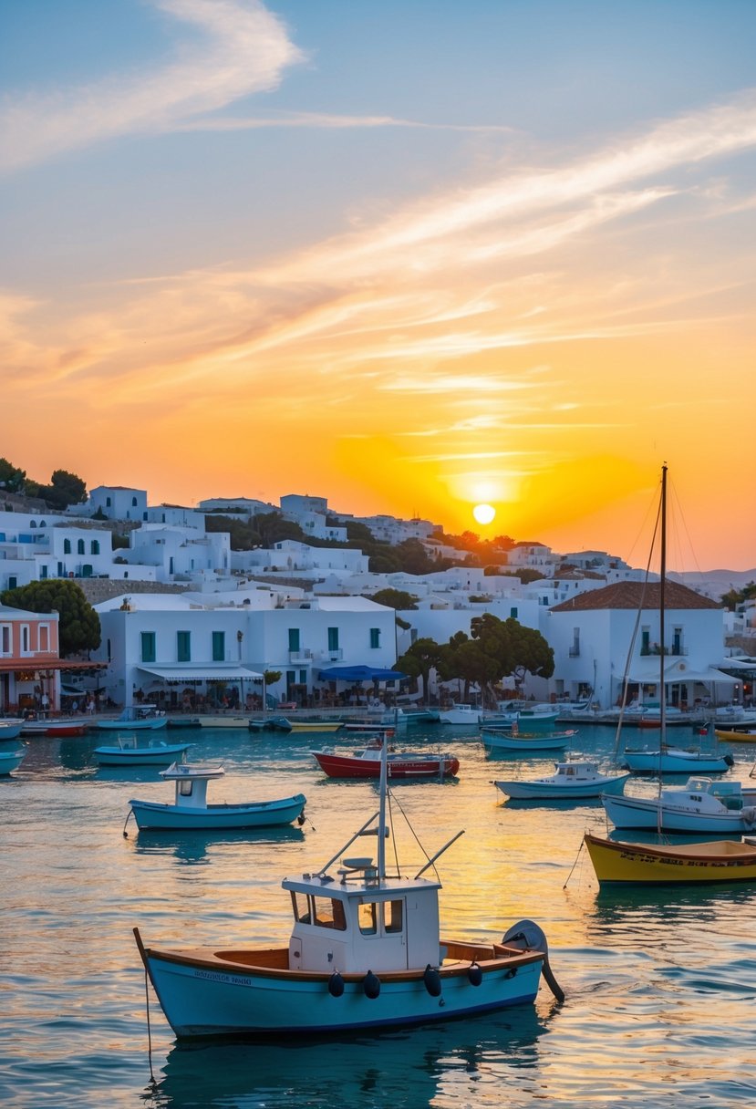 A picturesque view of Skiathos Town at sunset, with white-washed buildings lining the harbor, colorful boats bobbing in the water, and the warm glow of the setting sun casting a romantic ambiance over the scene