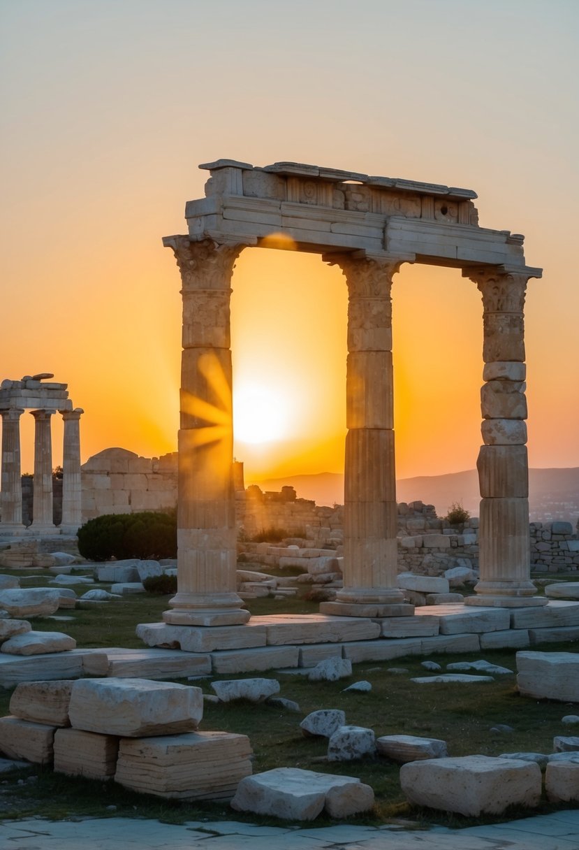 The sun sets behind the ancient ruins of Delphi, casting a warm glow over the weathered stone columns and scattered remnants of a once-great civilization
