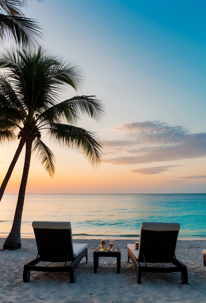 A serene beach at sunset, with palm trees, clear blue water, and a couple of lounge chairs set up for a romantic evening