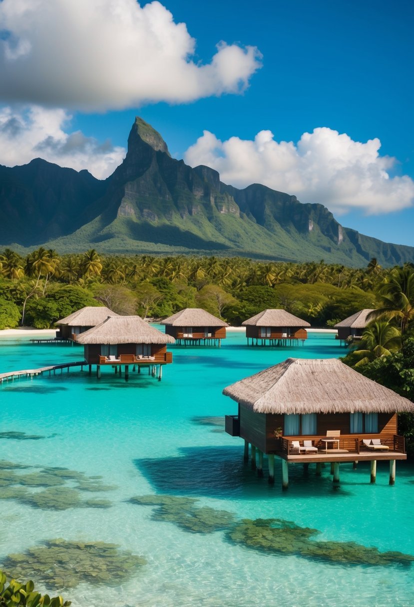 Crystal clear waters surround overwater bungalows on stilts amidst lush greenery and towering mountains in Bora Bora, French Polynesia