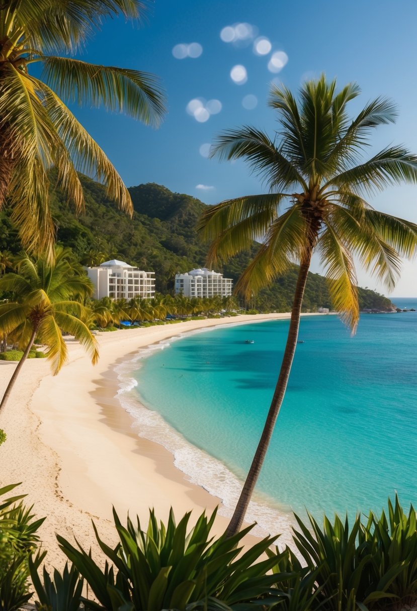 A palm-fringed sandy beach with turquoise waters, backed by lush greenery and luxury resorts