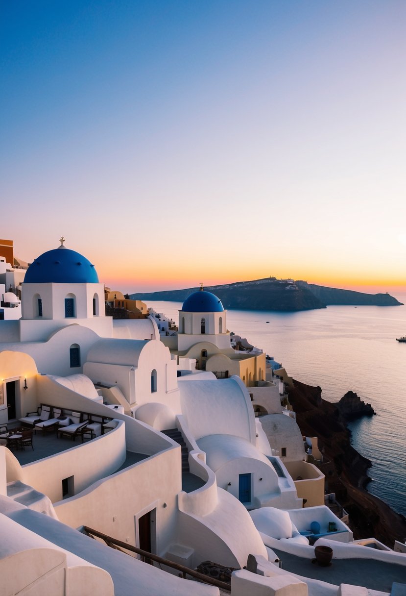 A stunning sunset over the white-washed buildings of Santorini, with the iconic blue domes and crystal-clear waters