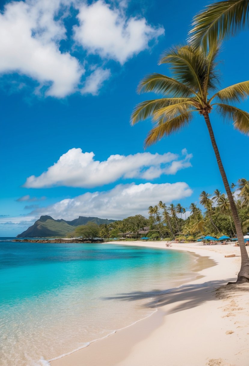 Turquoise water, white sand, palm trees, and a clear blue sky at Lanikai Beach, Oahu, Hawaii
