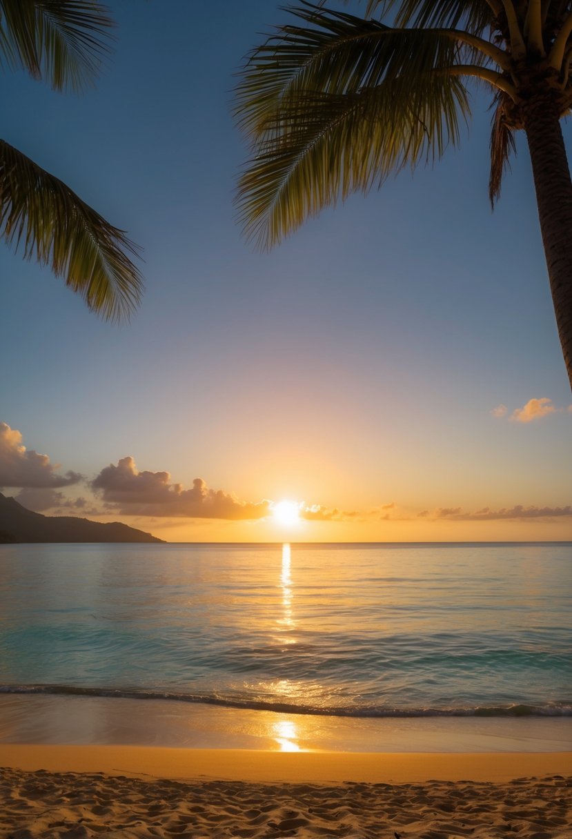 The sun sets over Napili Bay, casting a warm glow on the golden sand and crystal-clear waters. Palm trees sway gently in the breeze, framing the idyllic scene