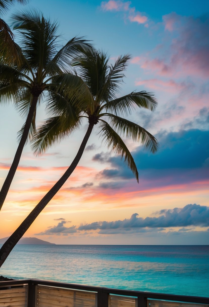 A serene beach at sunset, with palm trees, turquoise water, and a colorful sky in Maui, Hawaii