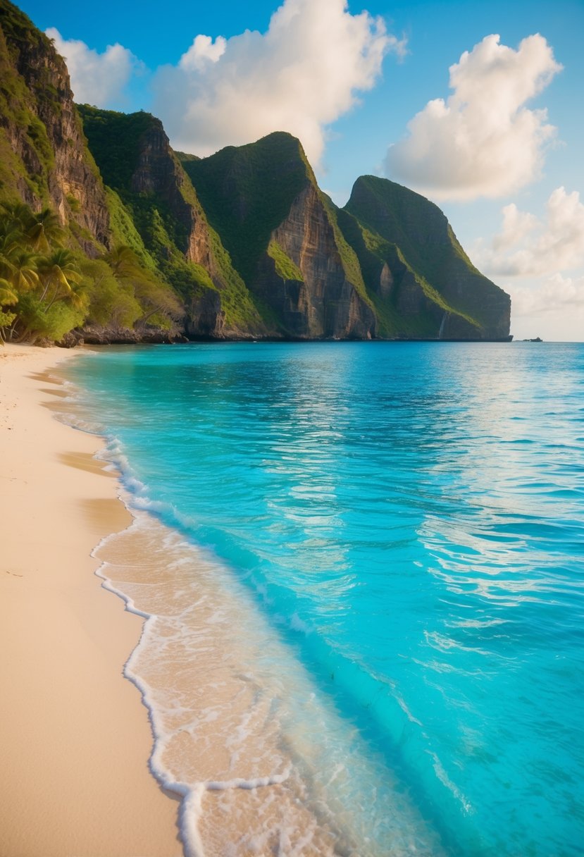 Crystal blue waters lap against the sandy shore of Hanauma Bay, surrounded by lush green cliffs and vibrant coral reefs