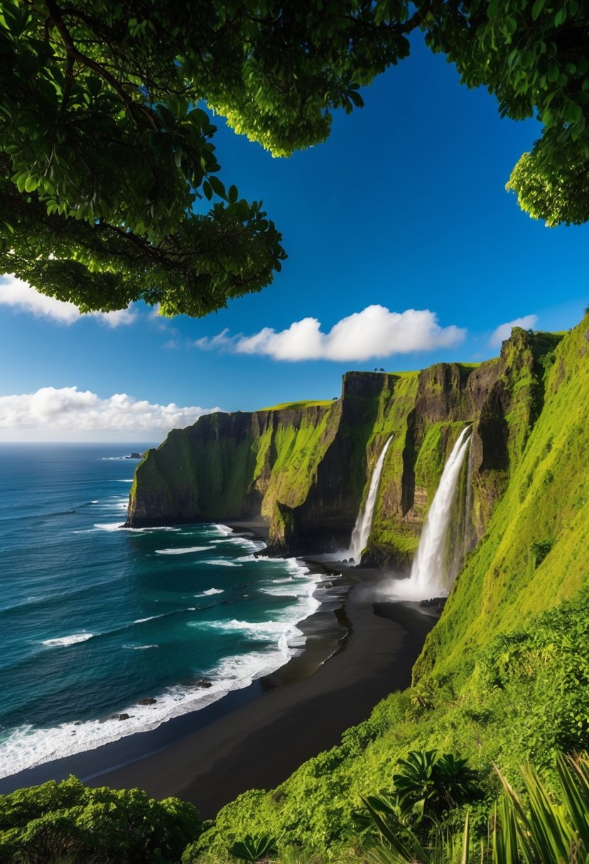 Lush green valley with steep cliffs, cascading waterfalls, and a black sand beach, under a clear blue sky on the Big Island of Hawaii