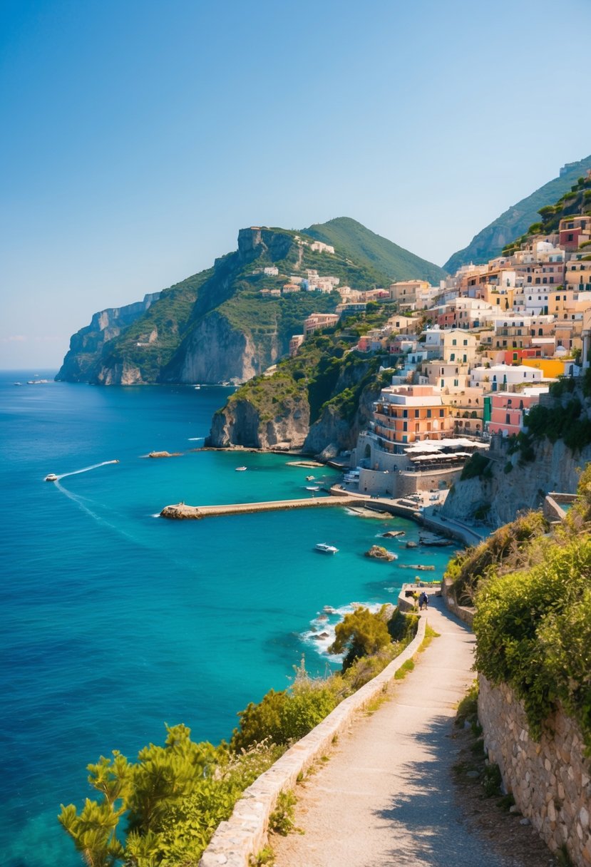 A winding coastal trail overlooks turquoise waters and colorful cliffside villages in Amalfi Coast, Italy