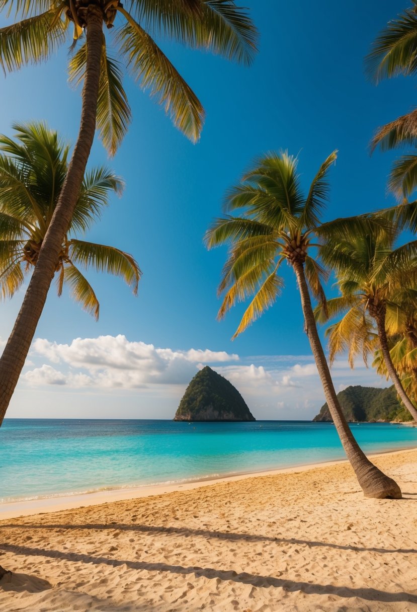 Golden sand beach with crystal clear turquoise water, palm trees swaying in the gentle breeze, and the iconic black rock in the distance