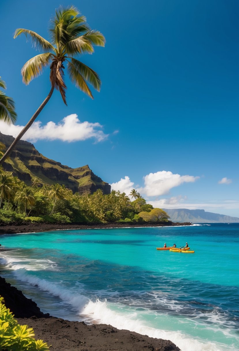 The turquoise waters of Kealakekua Bay lap against the rugged coastline of the Big Island, with lush greenery and palm trees lining the shore. A couple of kayaks are visible in the distance, hinting at the potential for adventure and romance in this idyllic honeymoon destination in Hawaii