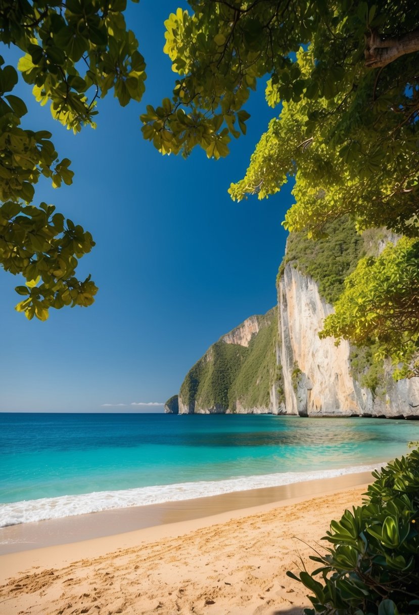 A serene beach with turquoise waters, golden sand, and lush greenery, framed by towering cliffs and a clear blue sky