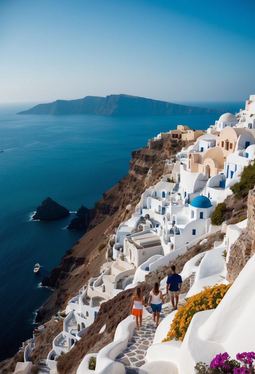 A couple hikes along the rugged cliffs of Santorini, overlooking the deep blue waters of the Aegean Sea. White-washed buildings cling to the steep slopes, surrounded by colorful flowers and stunning views