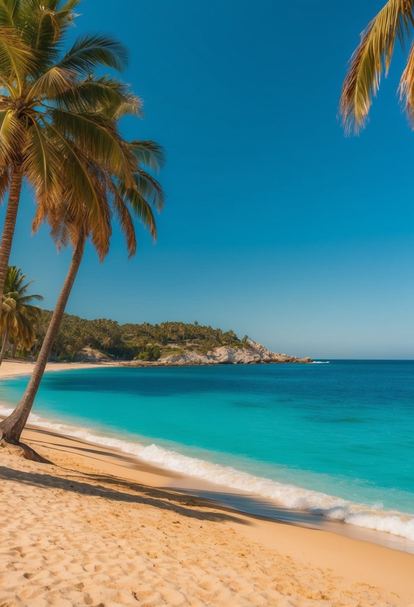 Golden sand beach with turquoise waters, palm trees, and a clear blue sky. Rocky coastline in the distance