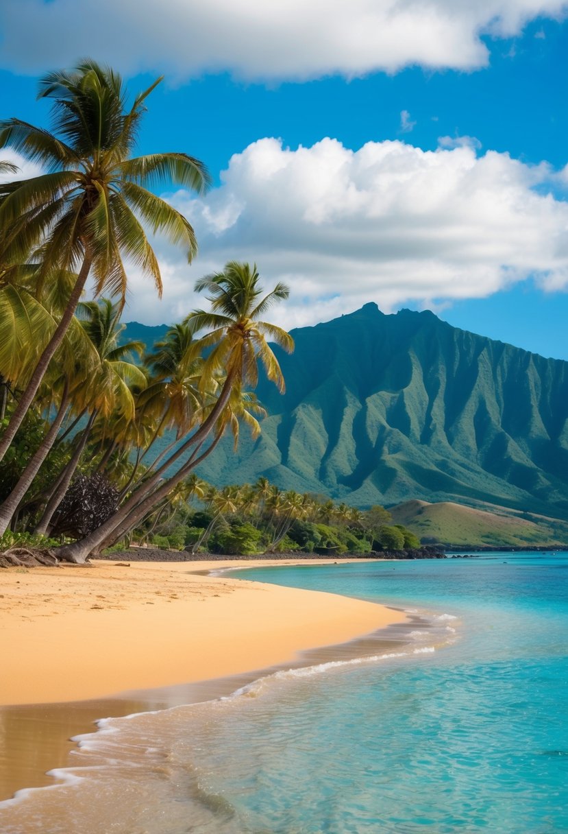 A serene beach with palm trees, clear blue water, and golden sand, set against a backdrop of lush green mountains on Maui