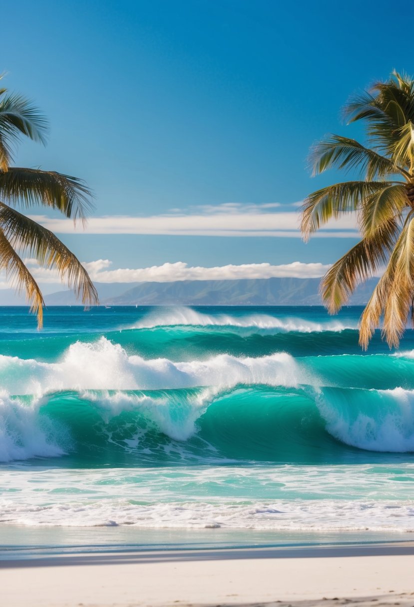 Turquoise waves crash on white sandy shore, framed by lush green palm trees and a clear blue sky at Kailua Beach, Oahu