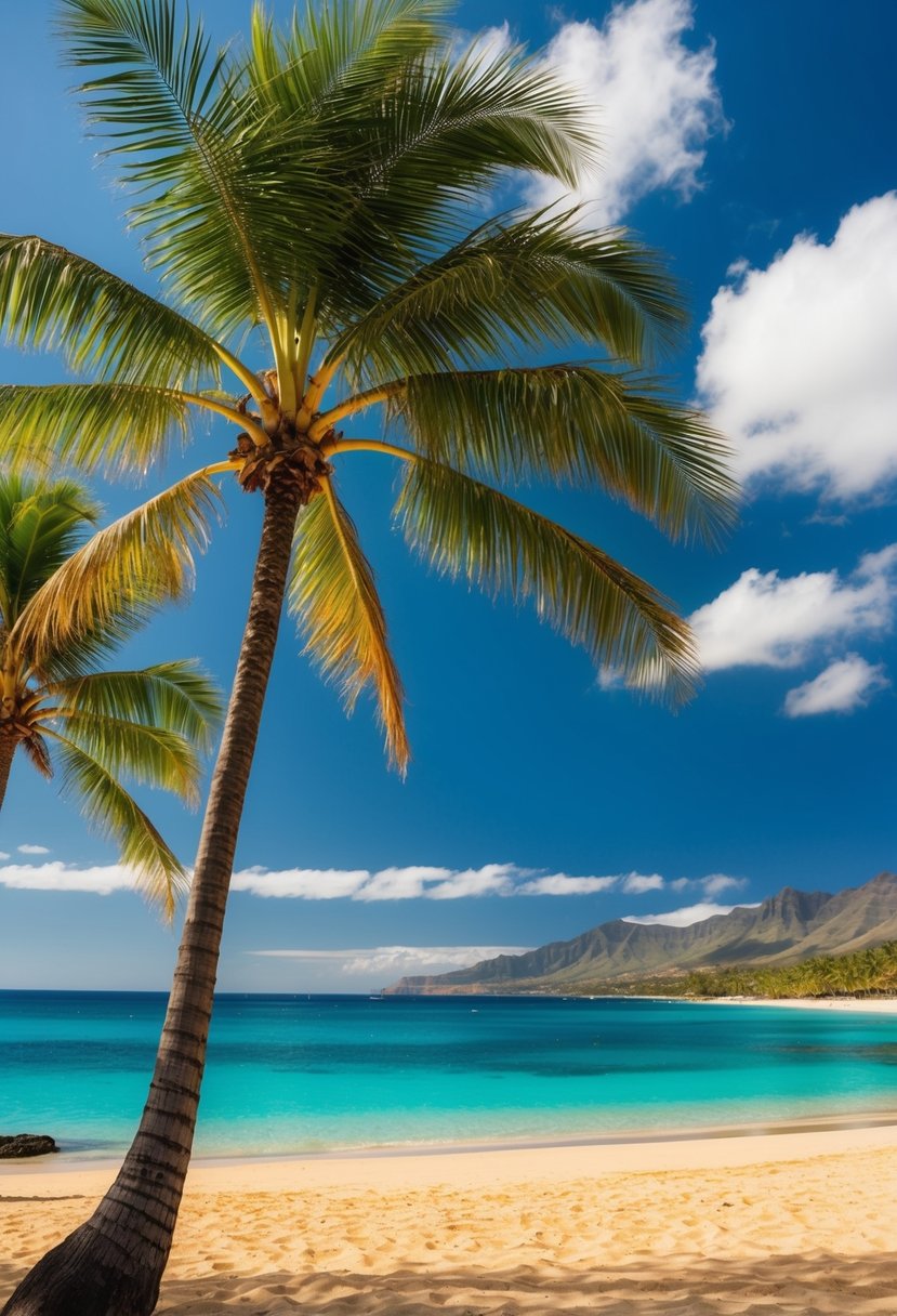 Tropical beach with palm trees, clear blue water, and golden sand at Hulopoe Bay, Lanai, Hawaii