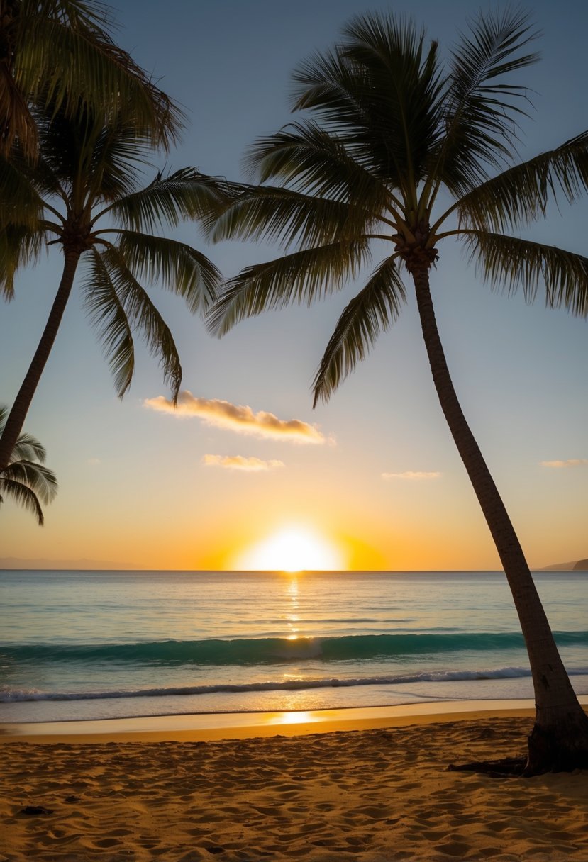 The sun sets over Kapalua Bay Beach, casting a warm glow on the golden sand and turquoise waters, while palm trees sway in the gentle breeze