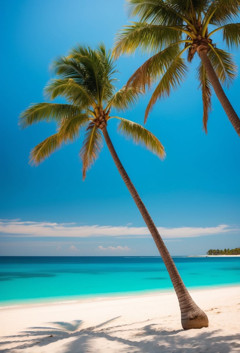 A pristine sandy beach with turquoise waters, palm trees, and a clear blue sky, perfect for a romantic honeymoon getaway