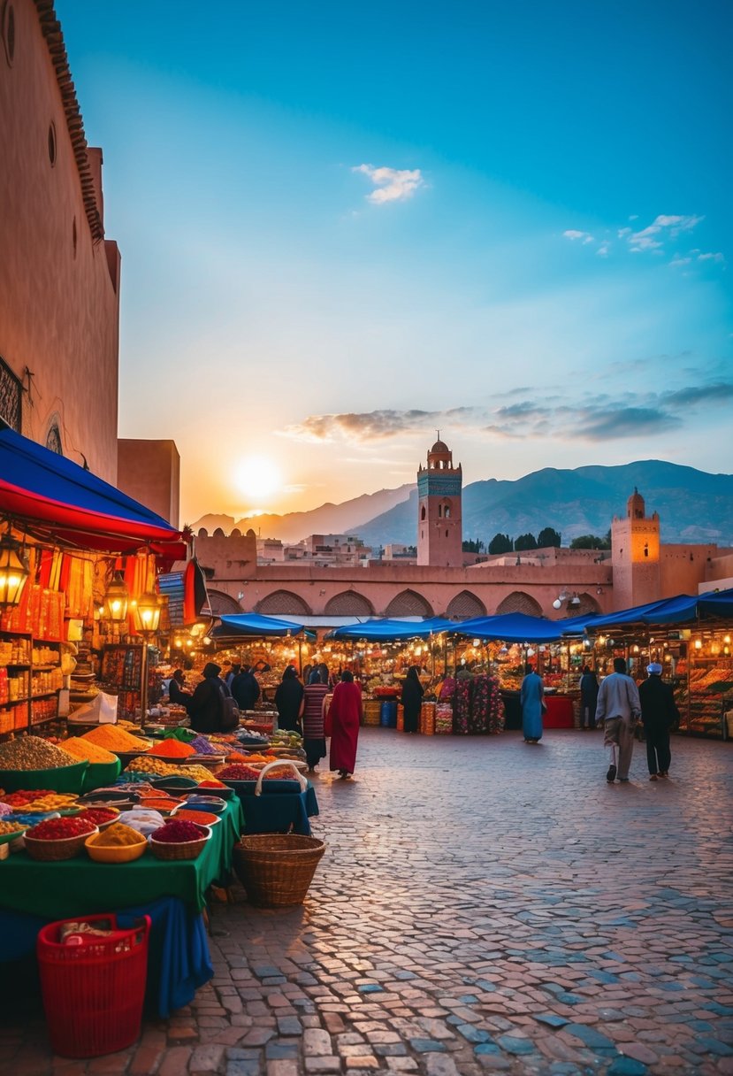 Vibrant market square in Marrakech, with colorful textiles, spices, and lanterns. Sun setting over the Atlas Mountains in the distance