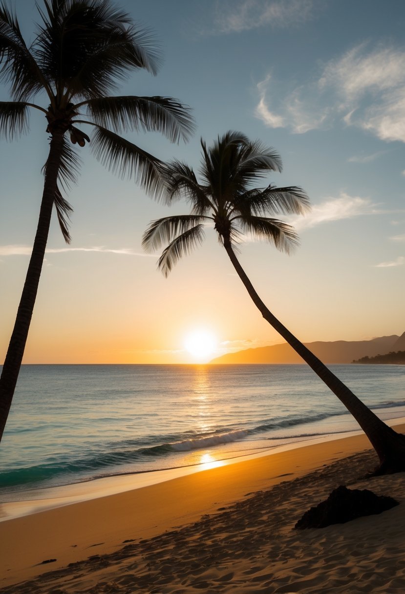 The sun sets over Waimanalo Beach, casting a warm glow on the golden sand and turquoise waters, with palm trees swaying in the gentle breeze