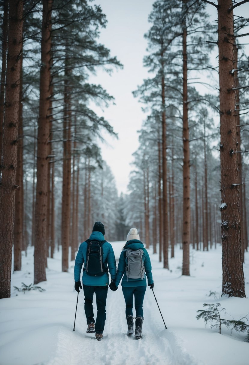 A couple hikes through snowy forest in Rovaniemi, Finland