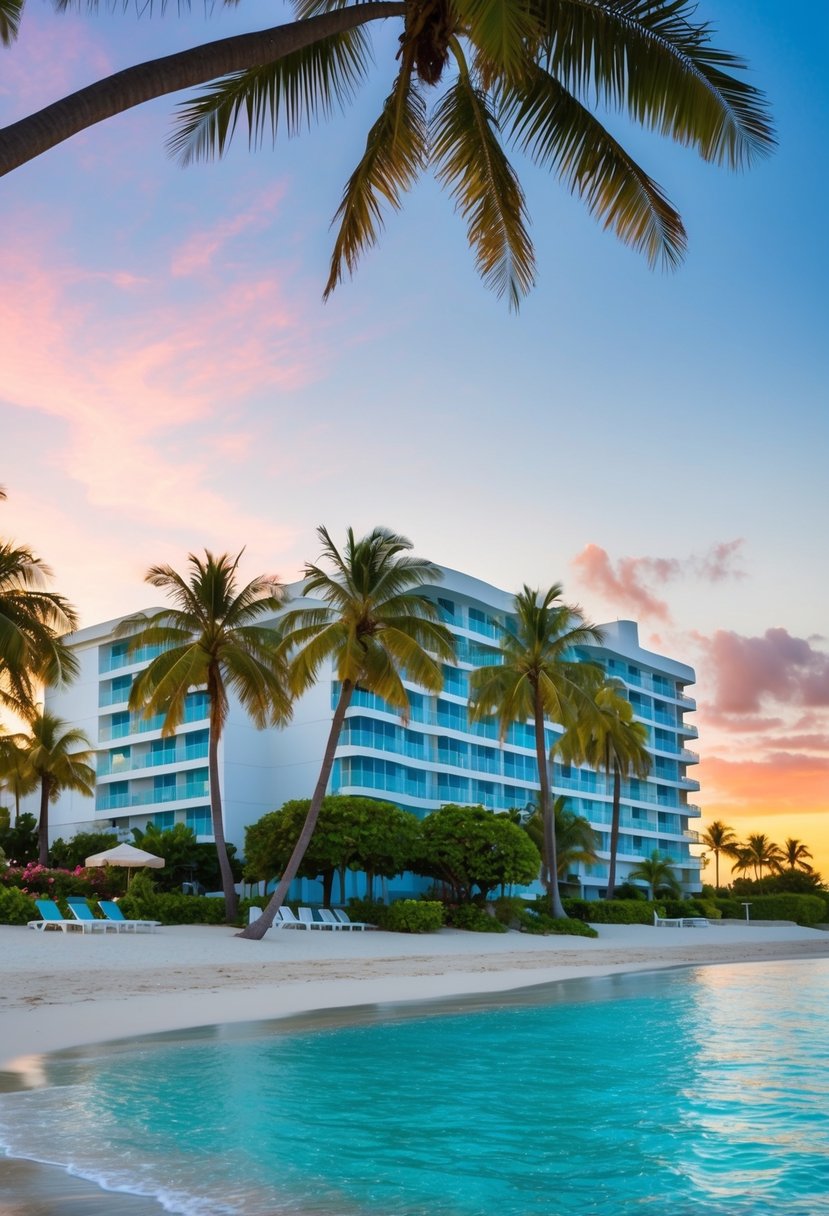A serene beachfront hotel with palm trees, crystal-clear water, and a colorful sunset in the background