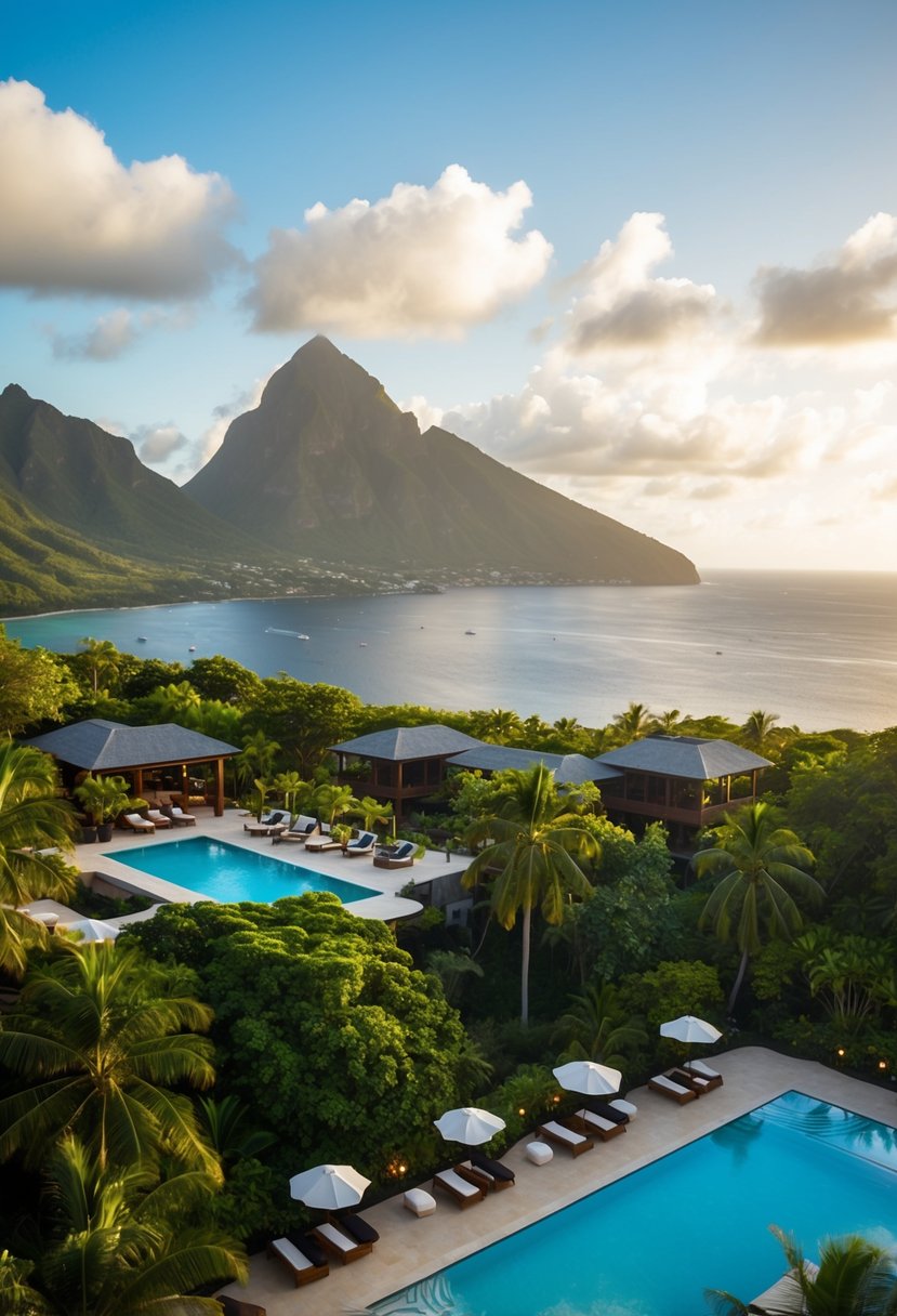 Aerial view of Ladera Resort in St. Lucia, nestled among lush greenery with stunning views of the Pitons and the Caribbean Sea