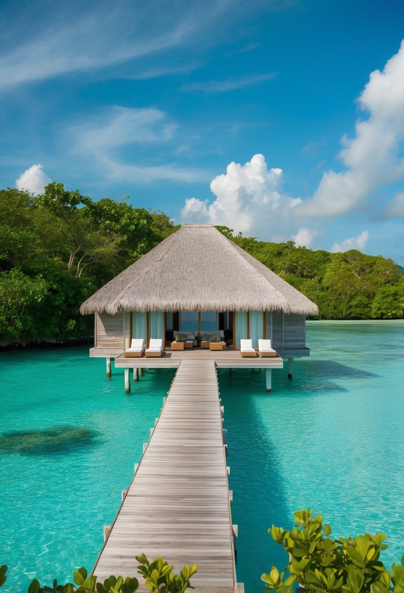 A luxurious overwater bungalow at Six Senses Yao Noi, surrounded by crystal-clear turquoise waters and lush greenery