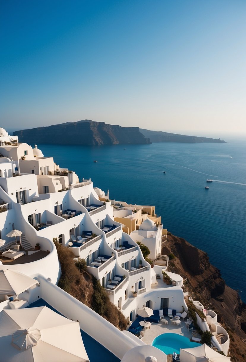 Aerial view of Katikies Hotel in Santorini, with white buildings cascading down the cliffside, overlooking the blue sea and caldera