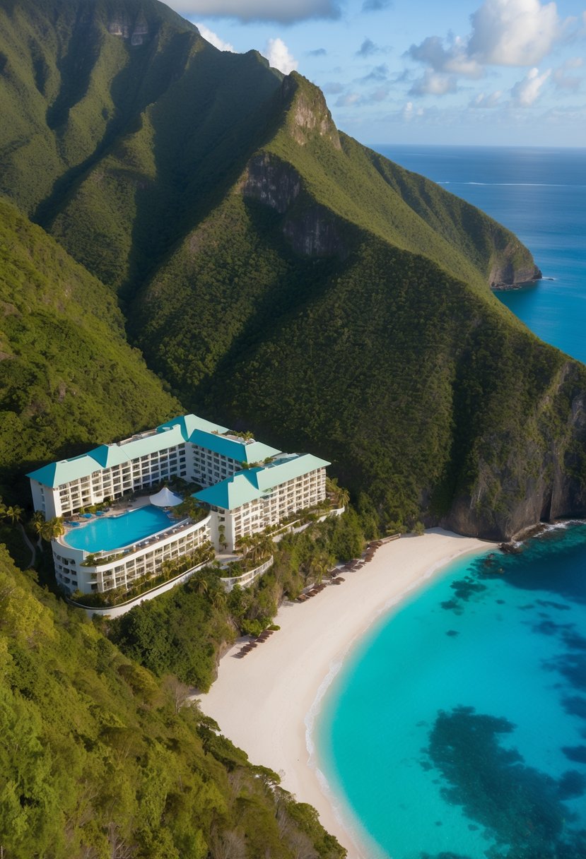 Aerial view of Jade Mountain, St. Lucia. Nestled between lush greenery, the luxury hotel overlooks the turquoise waters of the Caribbean Sea