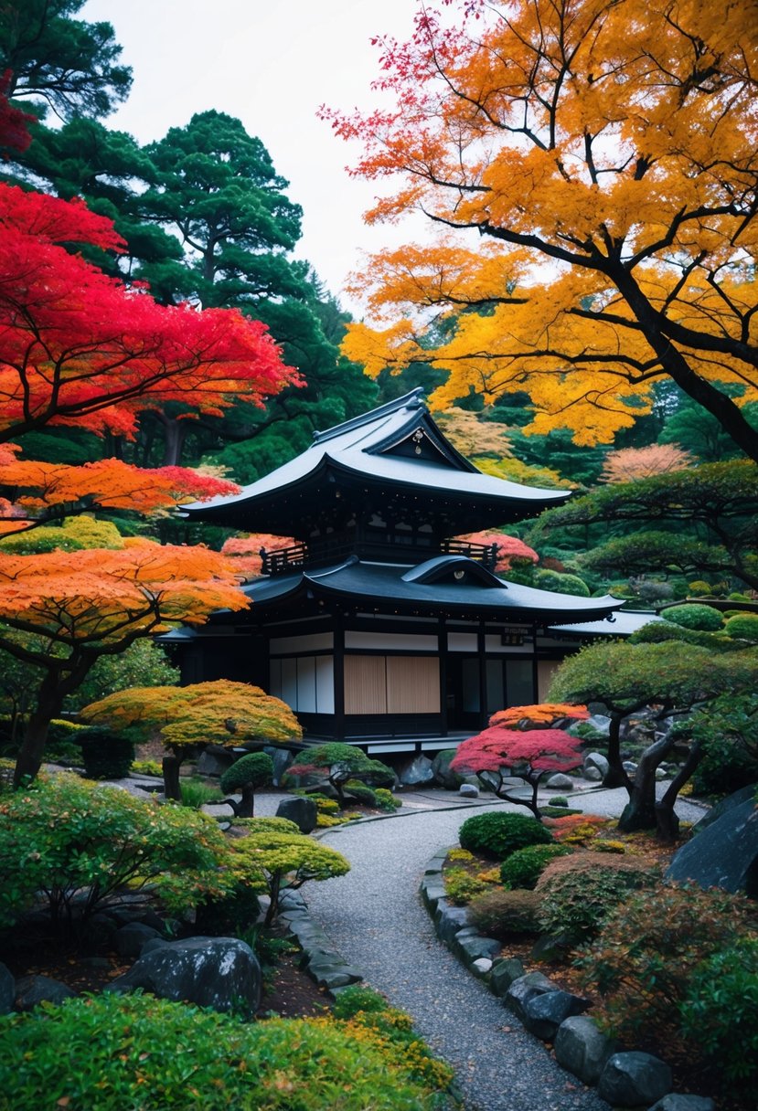 A serene Kyoto garden with vibrant autumn foliage and a traditional Japanese tea house nestled among the trees
