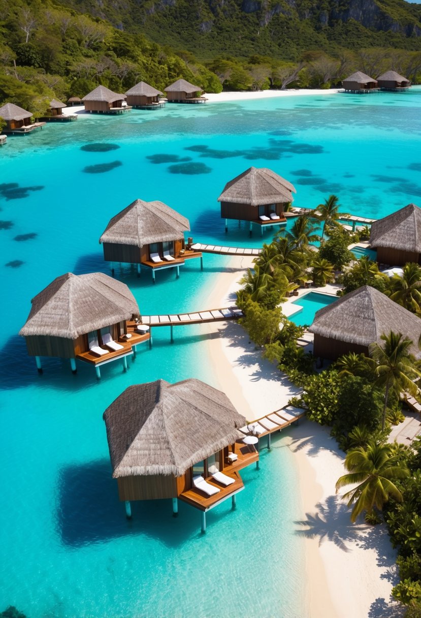 Aerial view of overwater bungalows at Four Seasons Resort Bora Bora, surrounded by crystal-clear turquoise waters and lush greenery