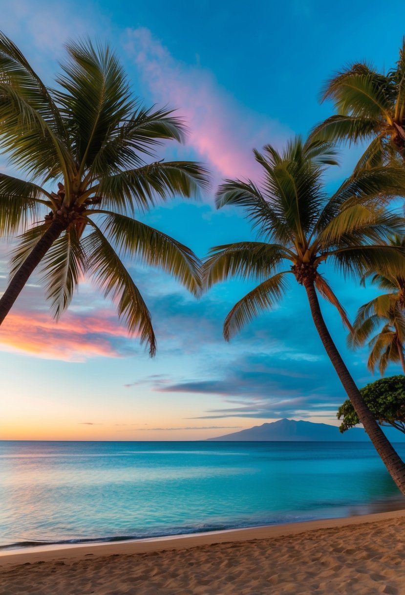 A serene beach at sunset with palm trees, clear blue water, and a colorful sky in Maui, Hawaii