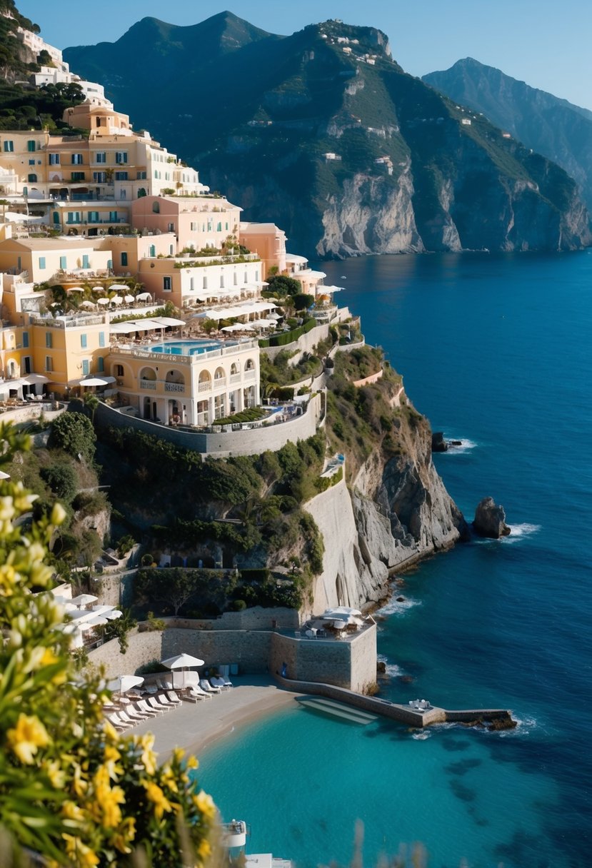A scenic view of Le Sirenuse hotel in Positano, Italy, nestled on a cliff overlooking the turquoise waters of the Amalfi Coast