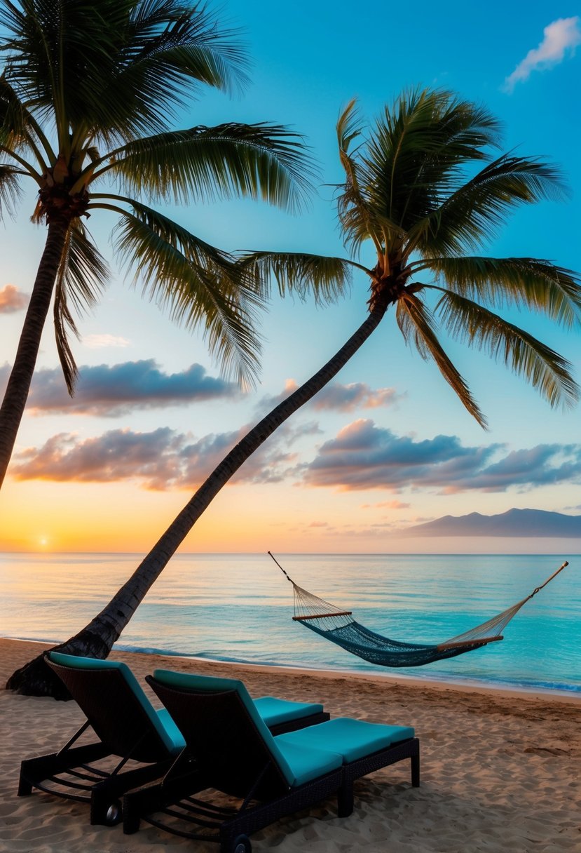 A serene beach at sunset, palm trees swaying in the warm breeze, with a couple of lounge chairs and a hammock overlooking the crystal-clear waters of Maui, Hawaii in November