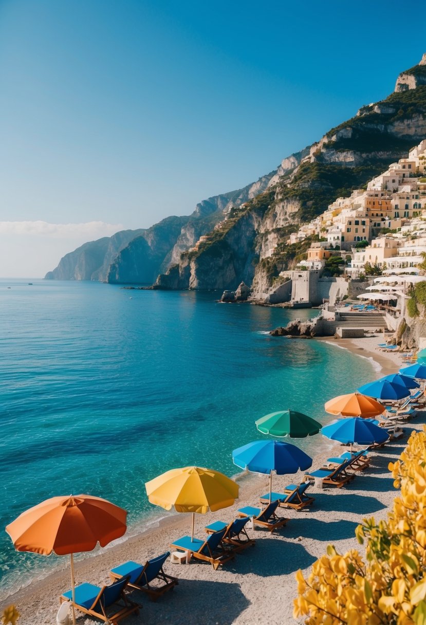 A serene beach with colorful umbrellas, crystal-clear waters, and picturesque cliffs along the Amalfi Coast in Italy during a sunny October day