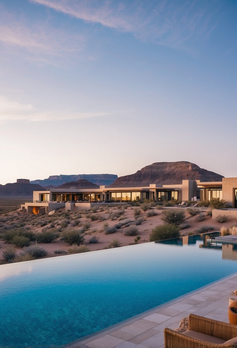 A luxurious hotel nestled in the desert landscape of Amangiri, Utah, with a stunning infinity pool and modern architecture
