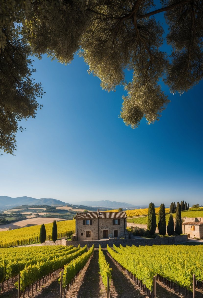 Rolling hills with golden vineyards and rustic stone houses under a clear blue sky, framed by cypress trees and distant mountains