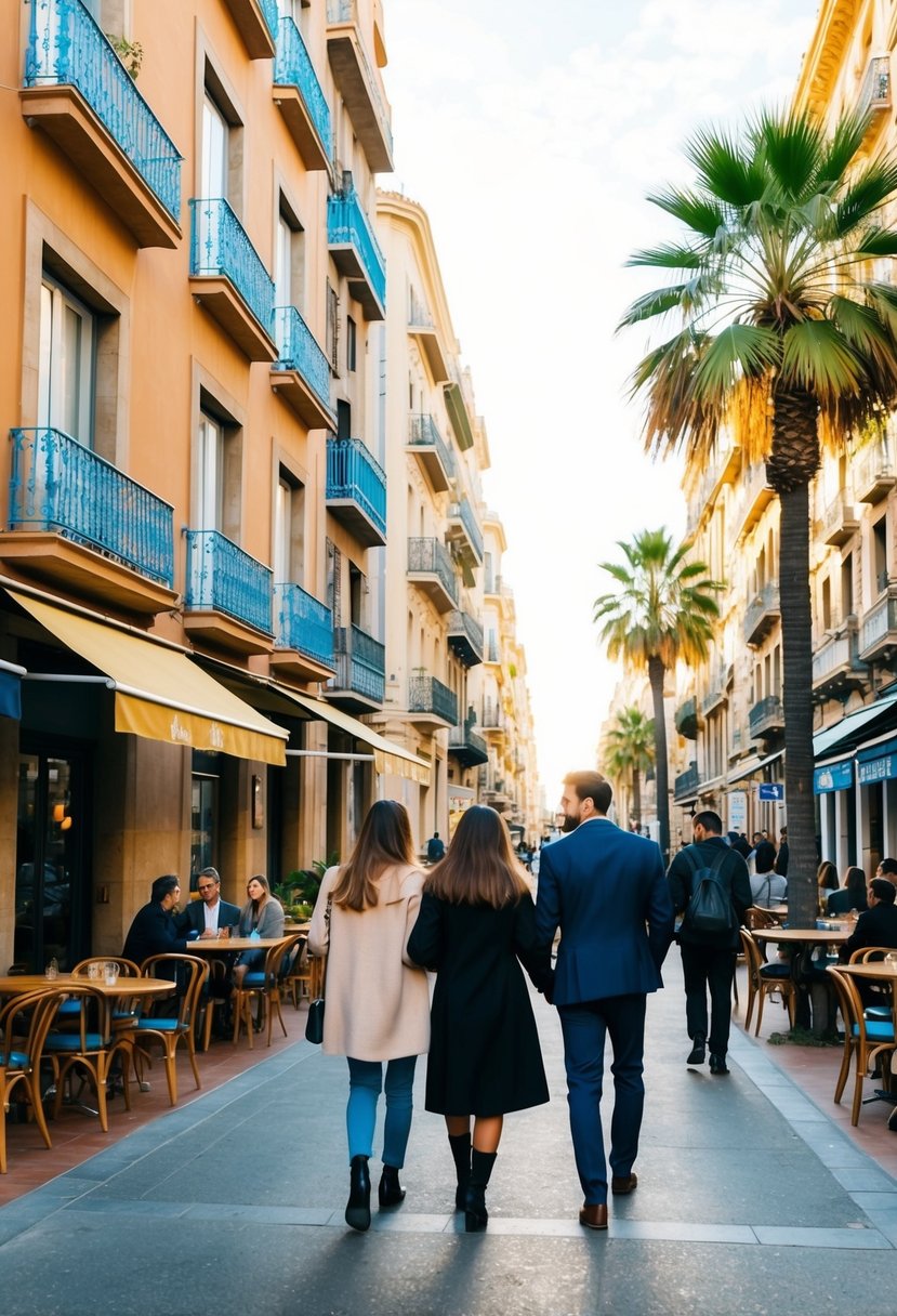 A couple strolls along the vibrant streets of Barcelona, passing by colorful buildings, outdoor cafes, and palm trees under the warm October sun