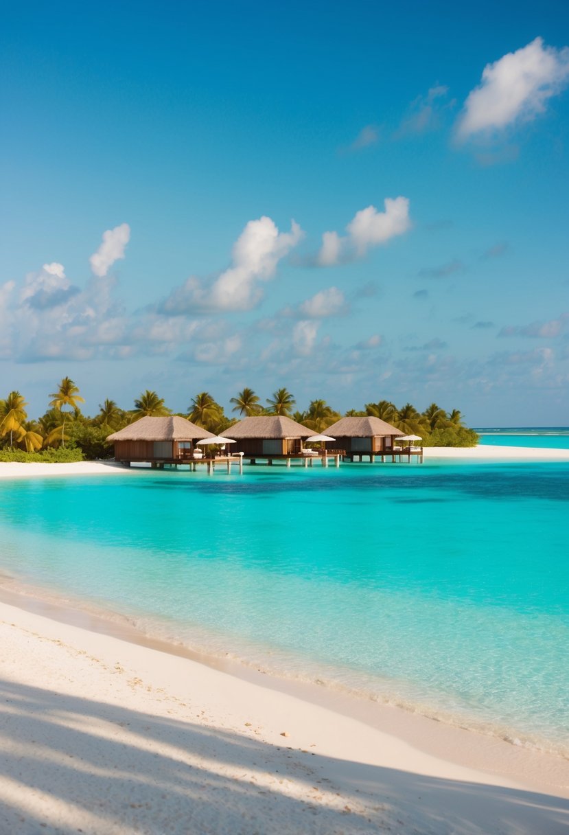 Crystal-clear waters surround overwater villas on a private island in the Maldives. Palm trees sway in the gentle breeze, and a pristine white sand beach stretches out to the horizon